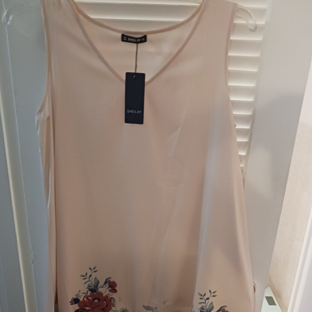 SHEILAY BRAND, LIGHT PEACH COLOR, FLORAL PRINT HEM, SLEEVELESS, V-NECK, DRESS, L